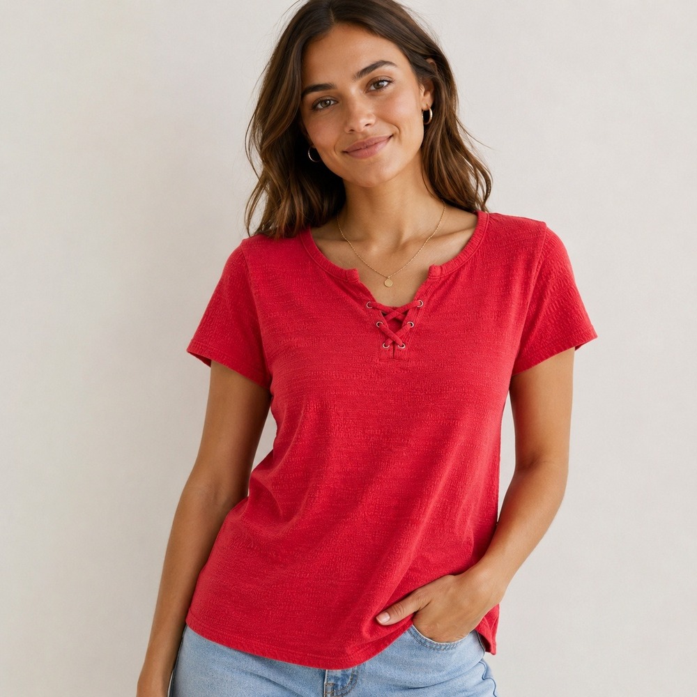 Chicos Red Slub Knit Lace Up Grommet Short Sleeve Top Size 0 Small
